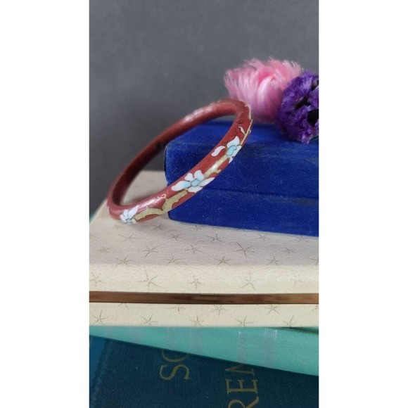 Desert Red Cloisonne Floral Enamel Bangle Bracelet - Picture 3 of 10
